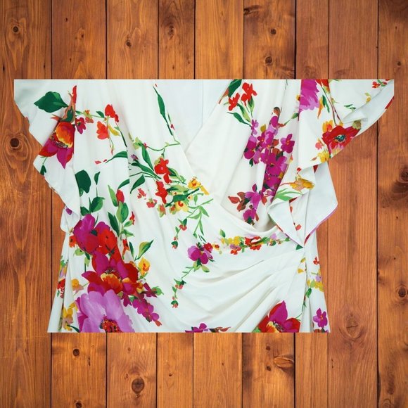 Lauren Ralph Lauren Women's Faux-Wrap Floral Jersey Dress V-neck Flutter Sleeve - Picture 6 of 9